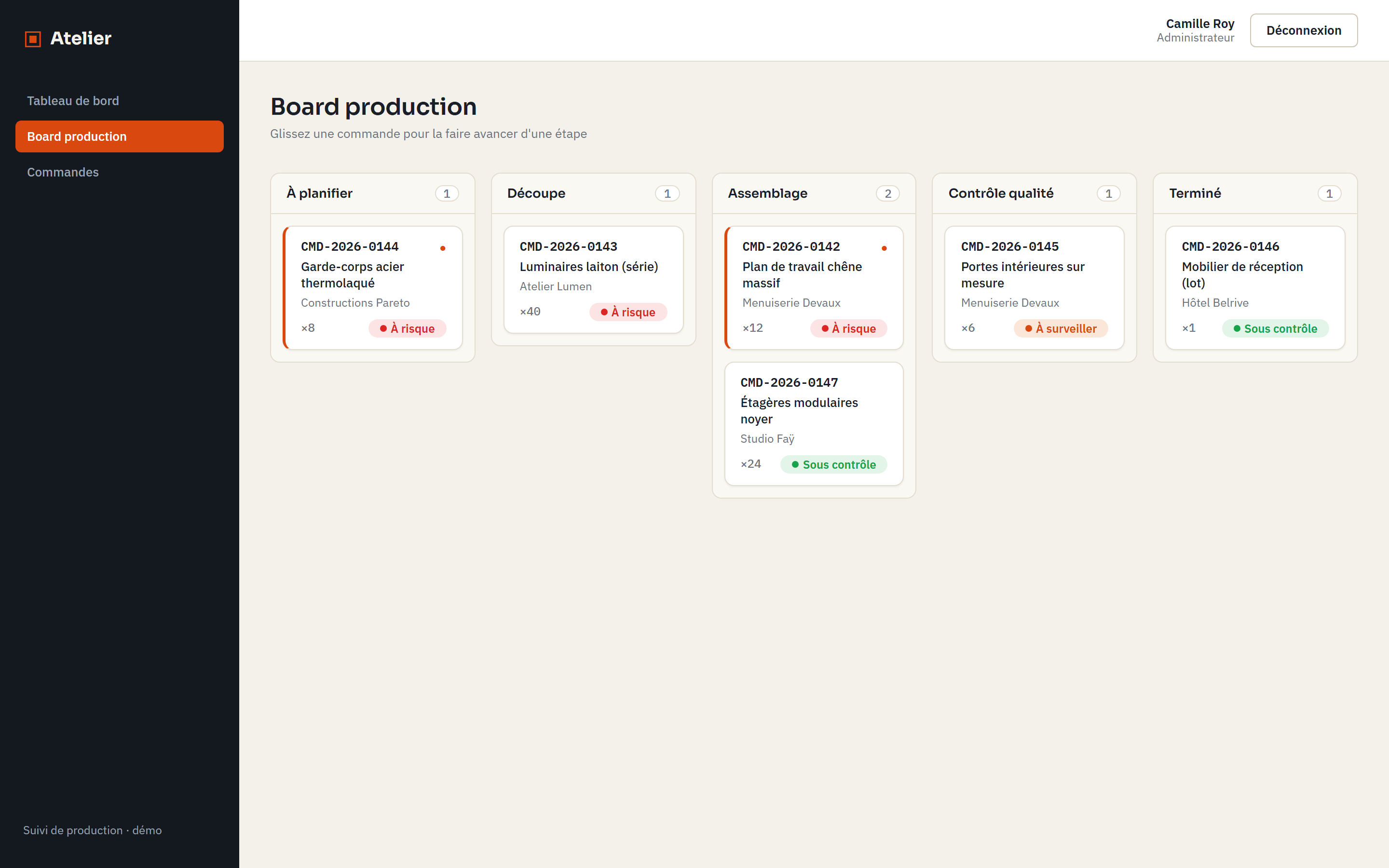 Board de production kanban, du devis à la livraison