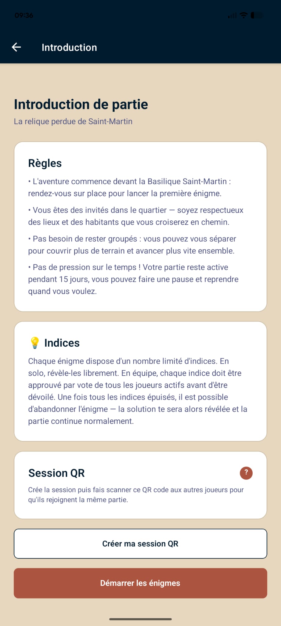 Une énigme dans ma ville : écran d’introduction d’une partie — règles du jeu, indices et session QR