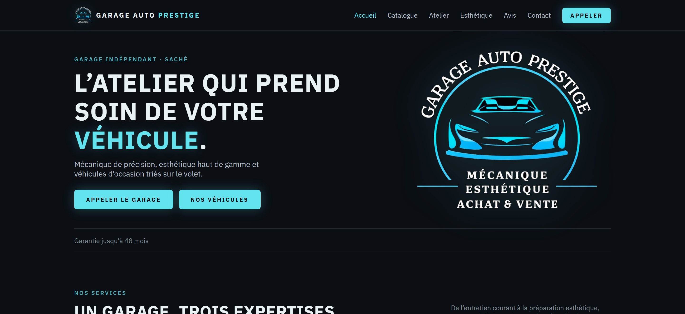 Site : la page d’accueil — « L’atelier qui prend soin de votre véhicule »