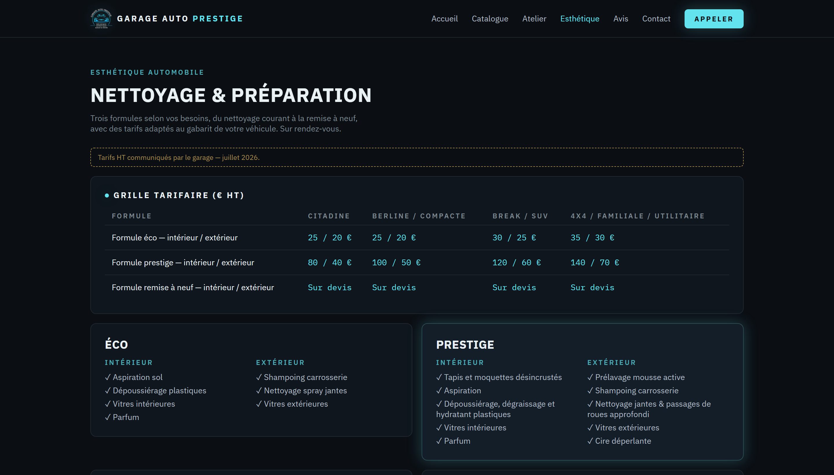 Site : la grille tarifaire des prestations d’esthétique automobile
