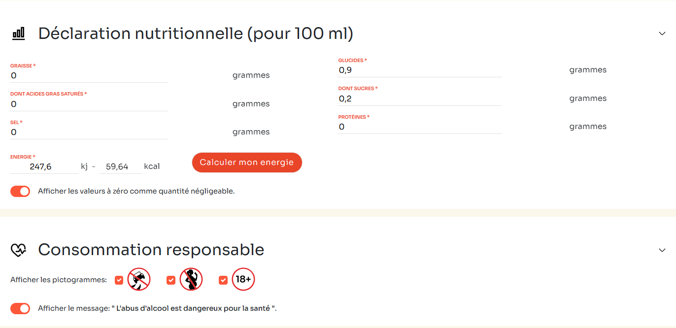 Viticode : déclaration nutritionnelle du produit